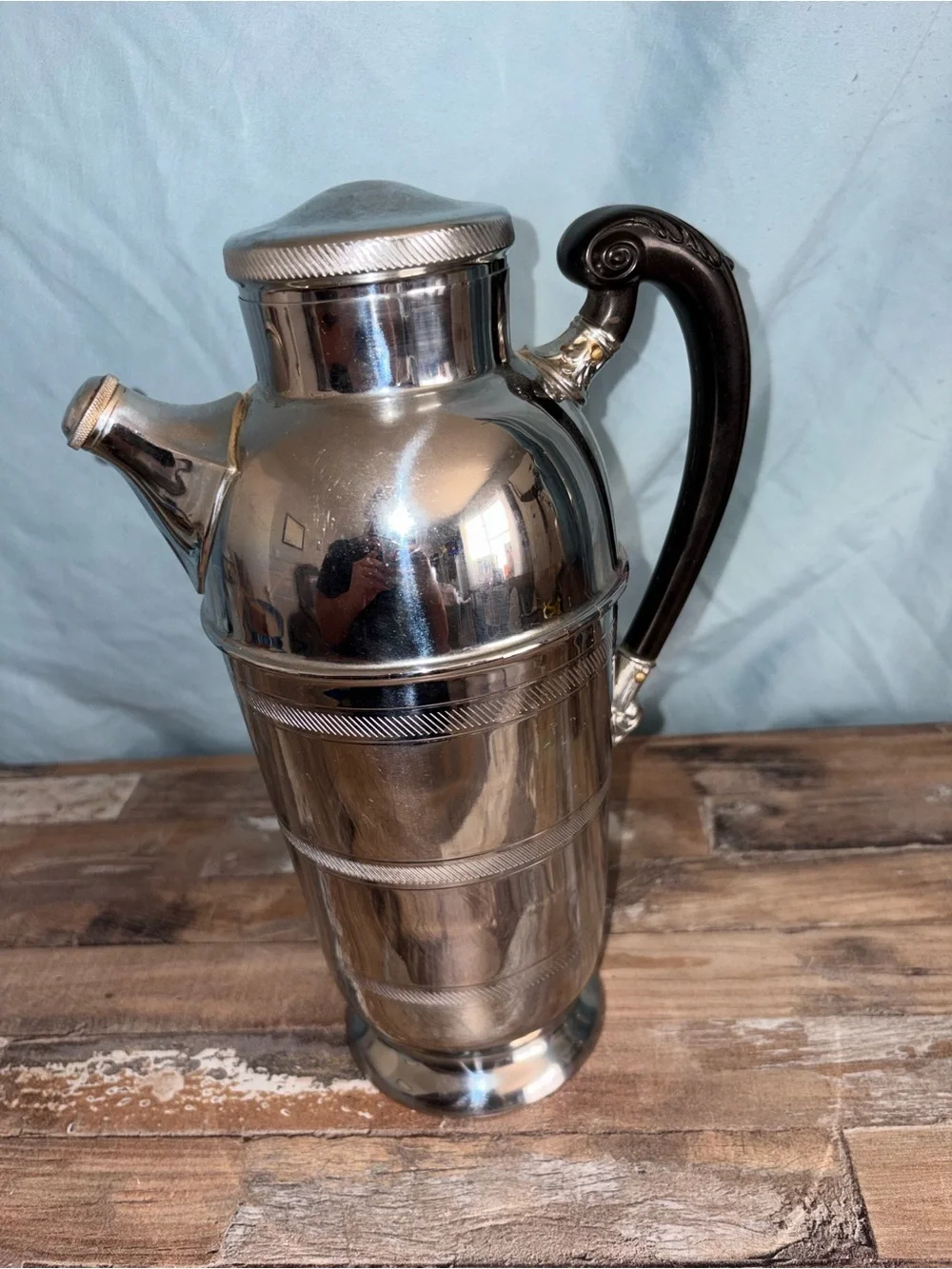Vintage Farber Bros Polished Silver Cocktail Shaker with Black Sculpted Handle